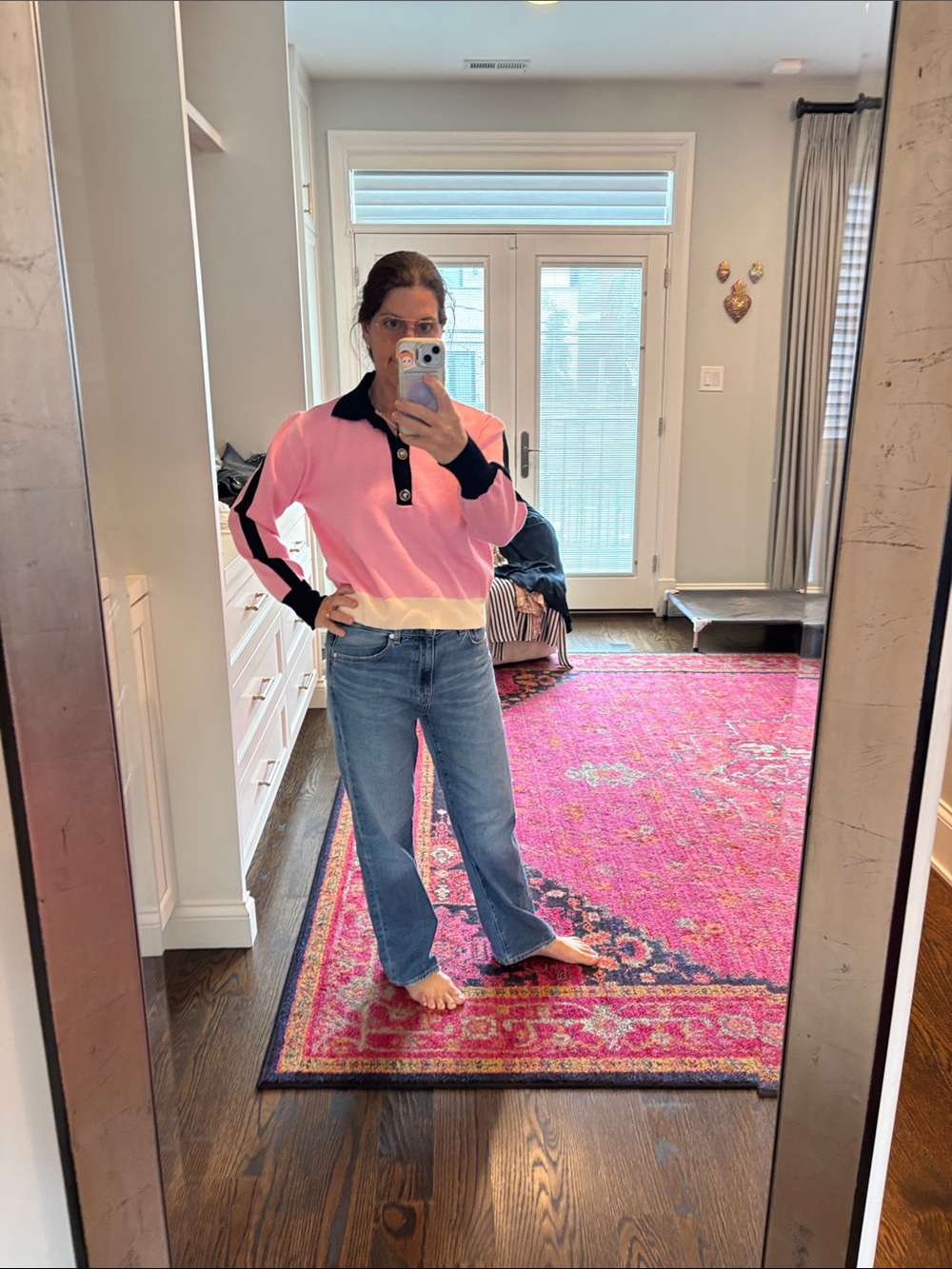 THML Pink V‑Neck Polo Sweater with Black Trim and Cream Hem - Picture 6 of 6